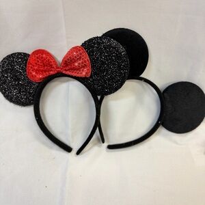Mickey & Minnie Mouse Ear Headbands 2 Piece Set Black Ears Red Bow